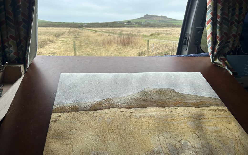 water colour painting Dowrog Common, looking towards Penberi