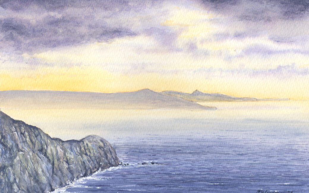 Watercolour painting Looking Back from Pwll Deri by Barry Woodman