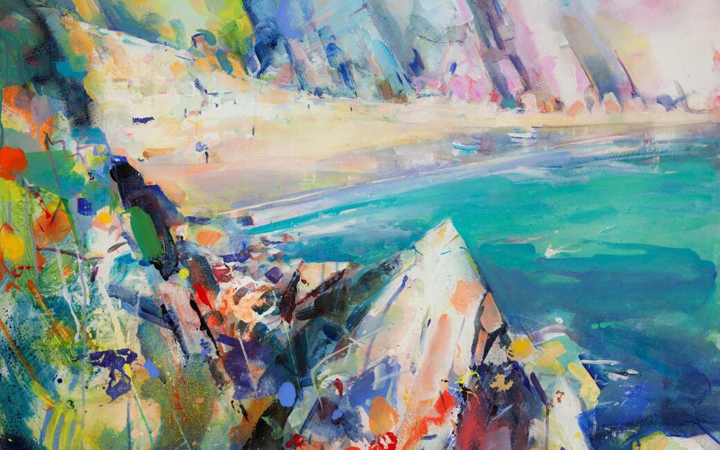 fine art print of acrylic painting by Grahame Hurd-Wood showing Caerfai beach in West wales
